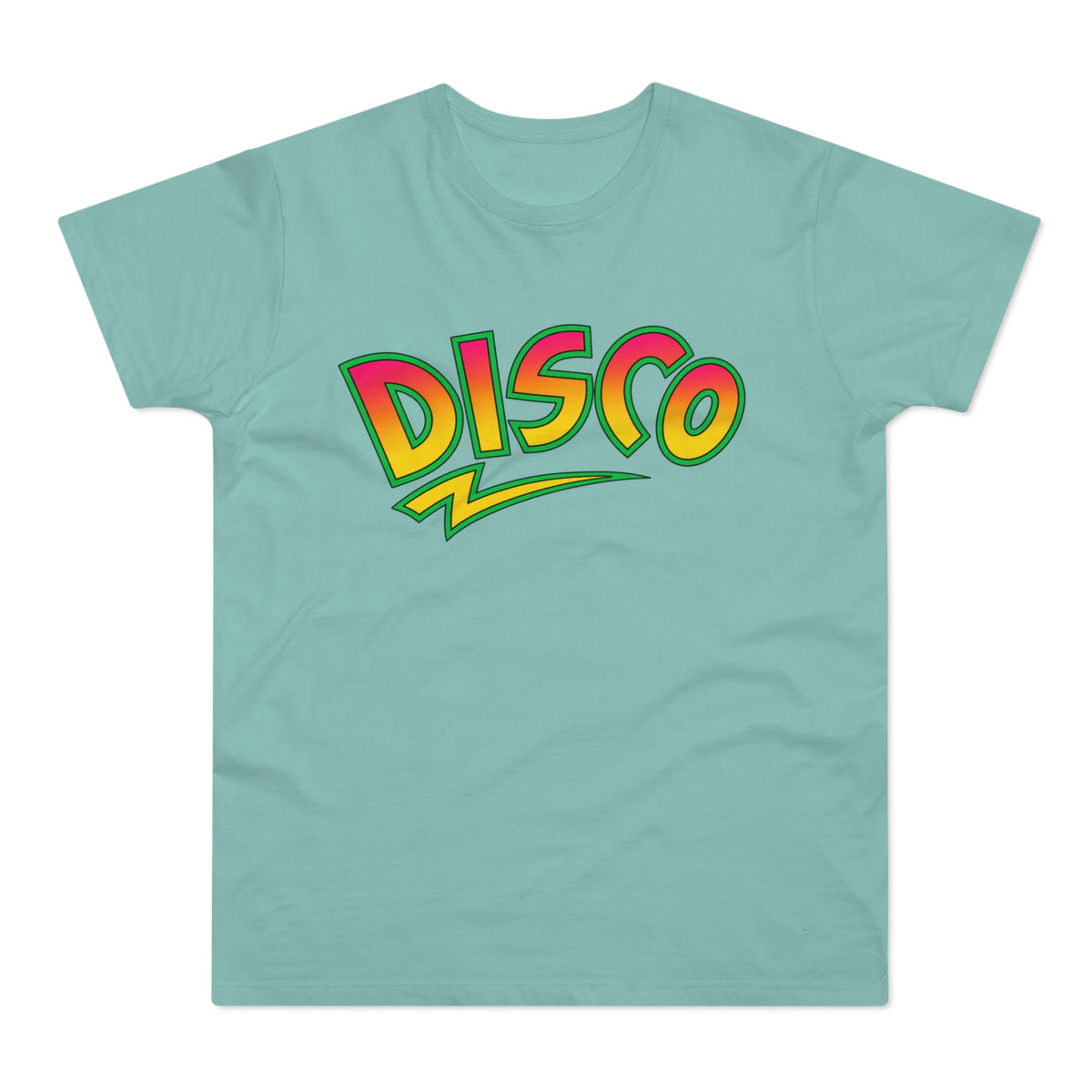 Mint green t-shirt with the word DISCO in colorful gradient lettering.