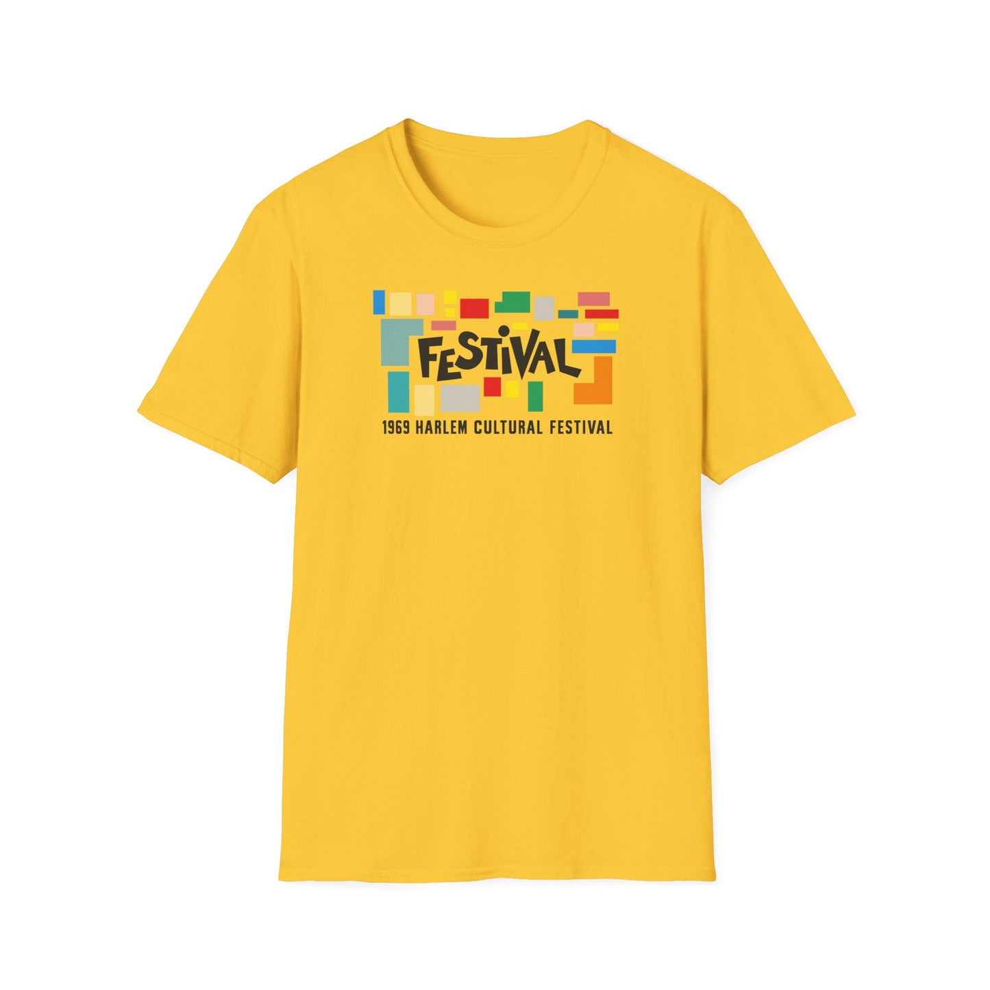 Yellow t-shirt with block-style "FESTIVAL" logo and "1969 Harlem Cultural Festival" text.