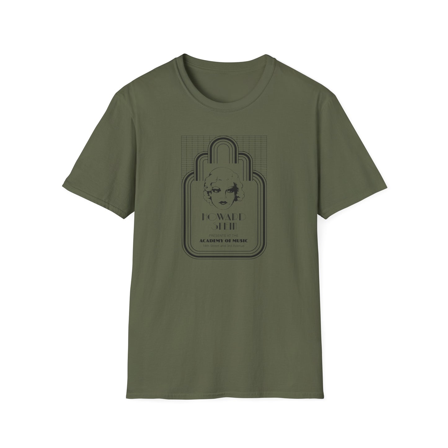 Olive t-shirt with "Howard Stein" and "Academy of Music" text and vintage art.