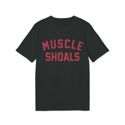 Black t-shirt with red text that says "MUSCLE SHOALS".