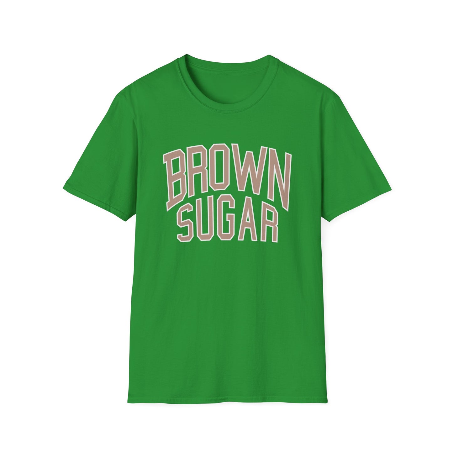 Green t-shirt with "BROWN SUGAR" text in beige outline letters.