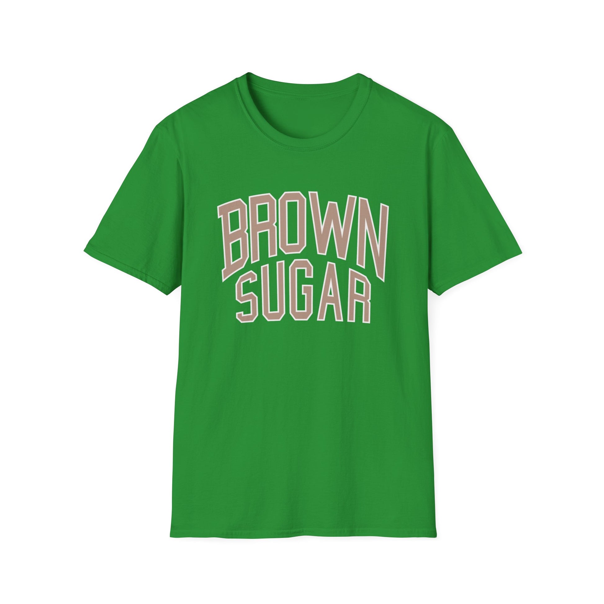 Green t-shirt with "BROWN SUGAR" text in beige outline letters.
