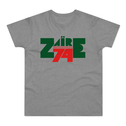 T-shirt with green "ZAIRE" text and red "74" graphic.