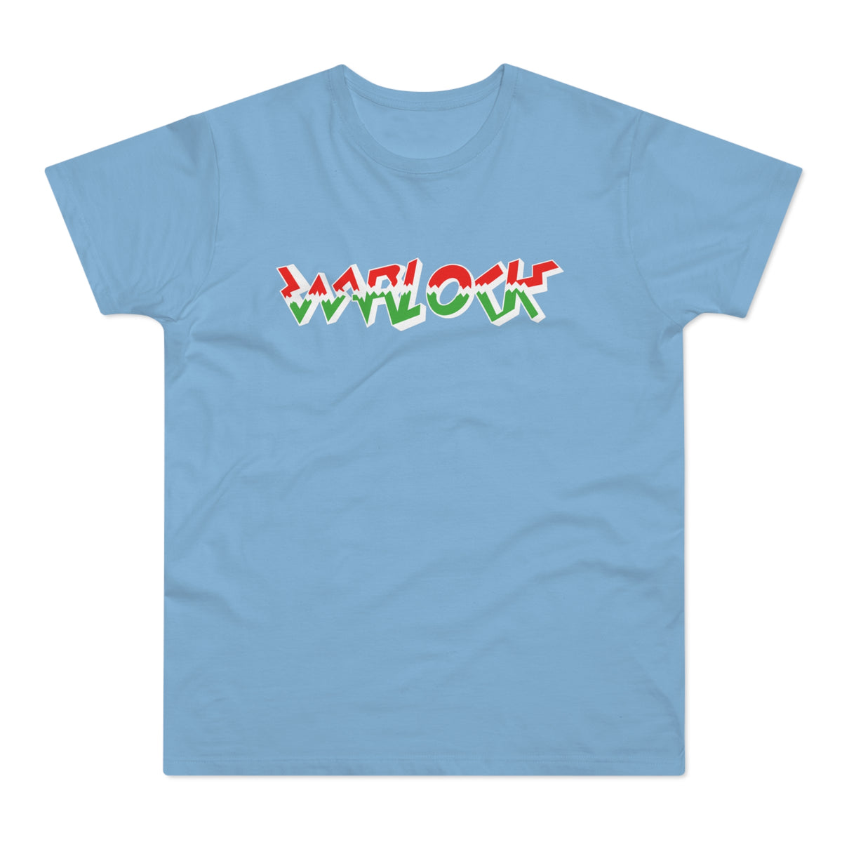 Light blue t-shirt with "WARLOCK" in jagged, colorful lettering.