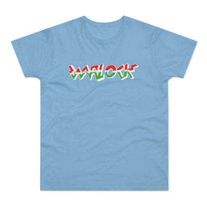 Light blue t-shirt with "WARLOCK" in jagged, colorful lettering.