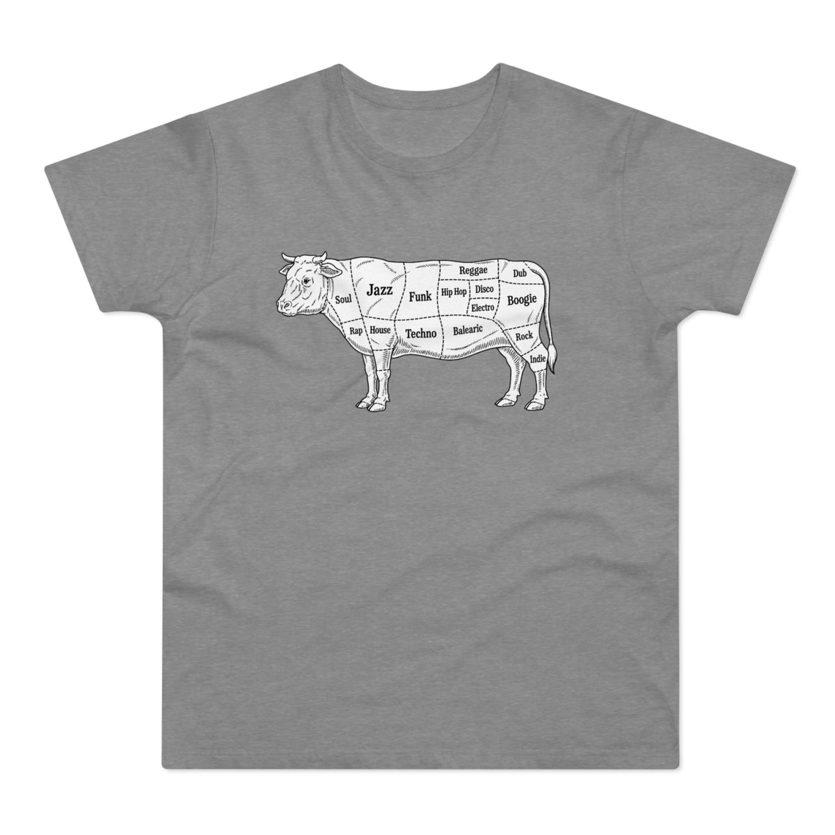 Grey t-shirt with a line drawing of a cow labeled with music genres.