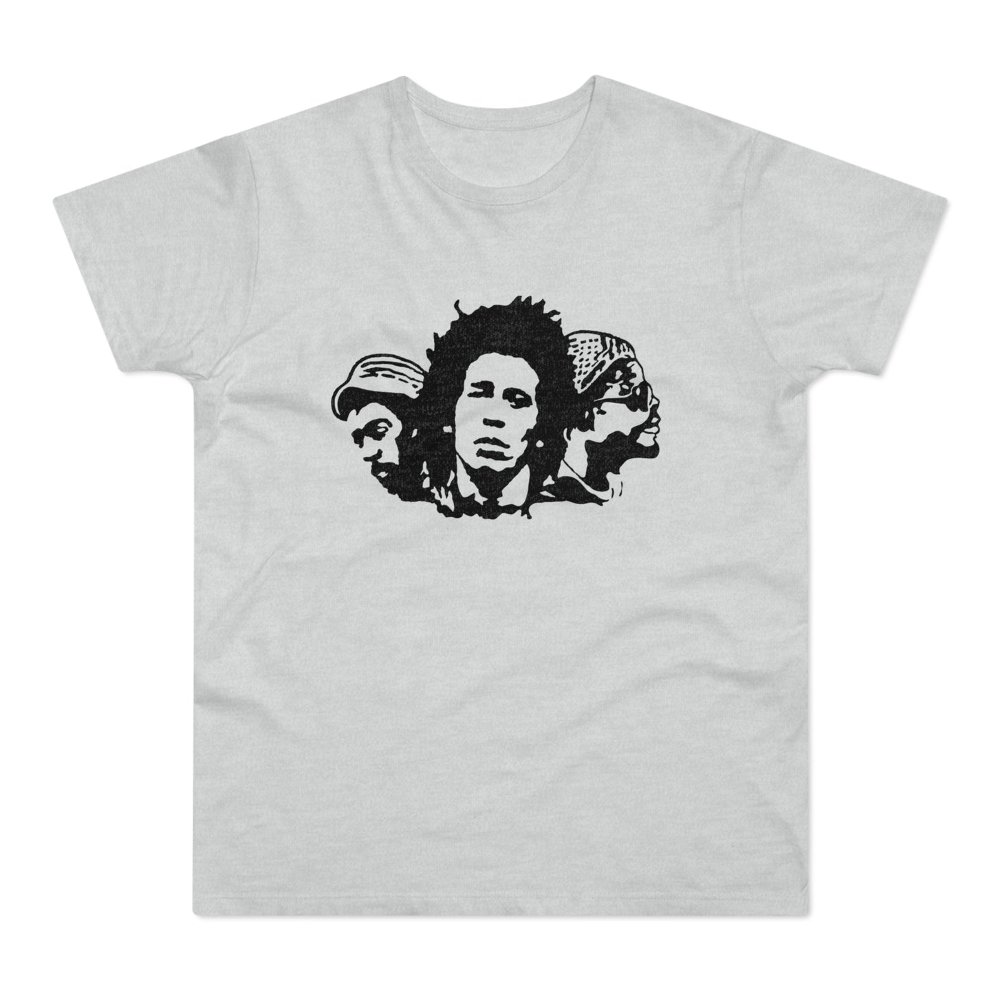 Grey t-shirt with black graphic of three men's faces in a row.