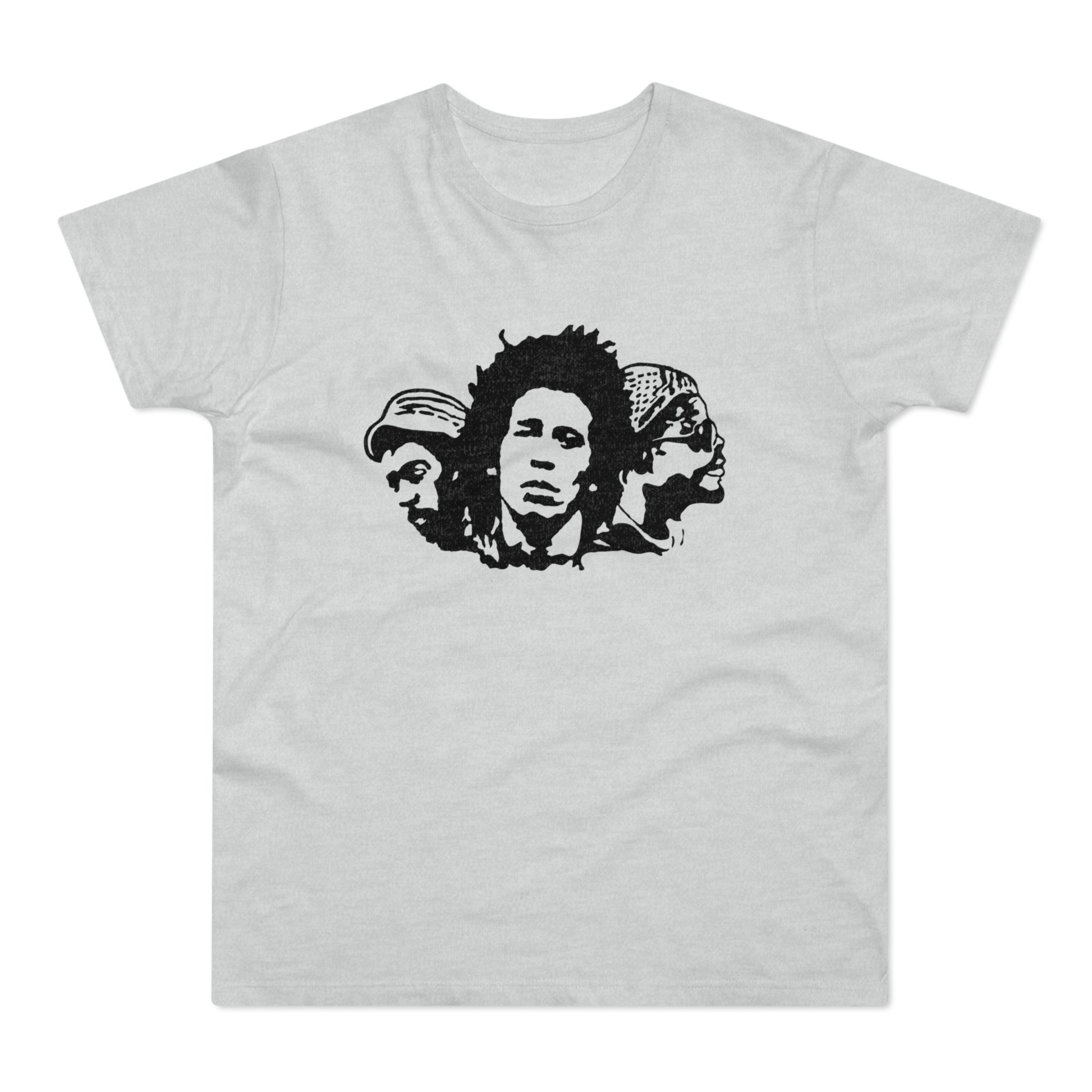 Grey t-shirt with black graphic of three men's faces in a row.