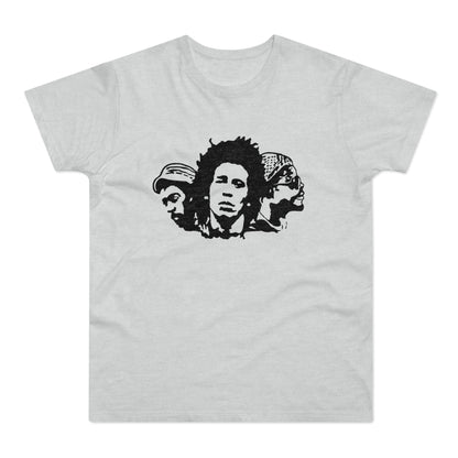 Grey t-shirt with black graphic of three men's faces in a row.