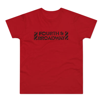 Red t-shirt with distressed black text "FOURTH & BROADWAY".