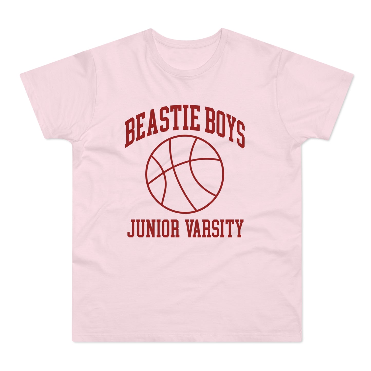 Pink t-shirt with Beastie Boys Junior Varsity text and basketball graphic.