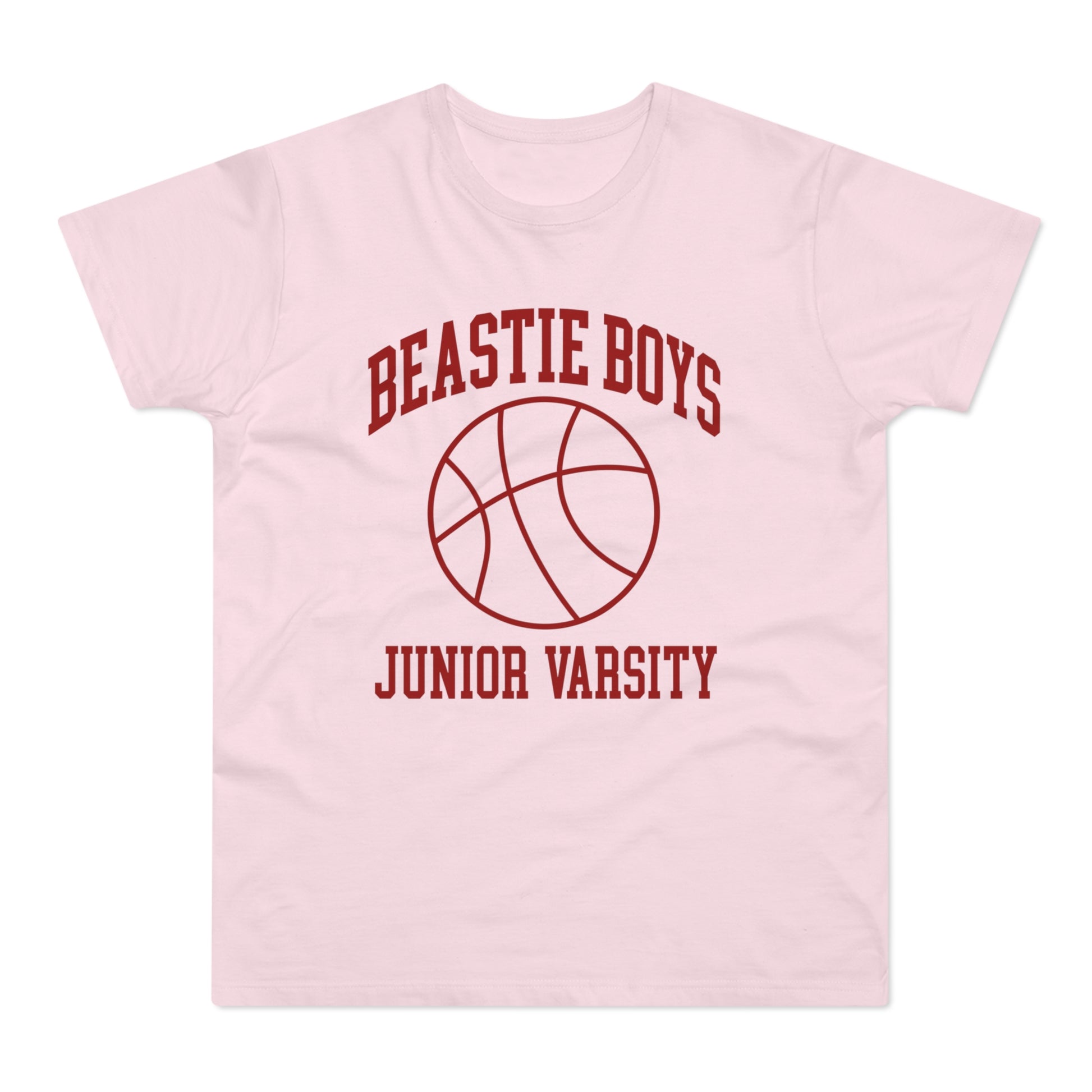 Pink t-shirt with Beastie Boys Junior Varsity text and basketball graphic.