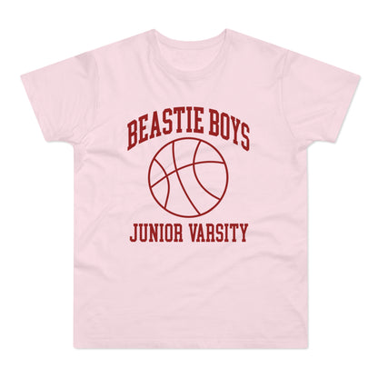 Pink t-shirt with Beastie Boys Junior Varsity text and basketball graphic.