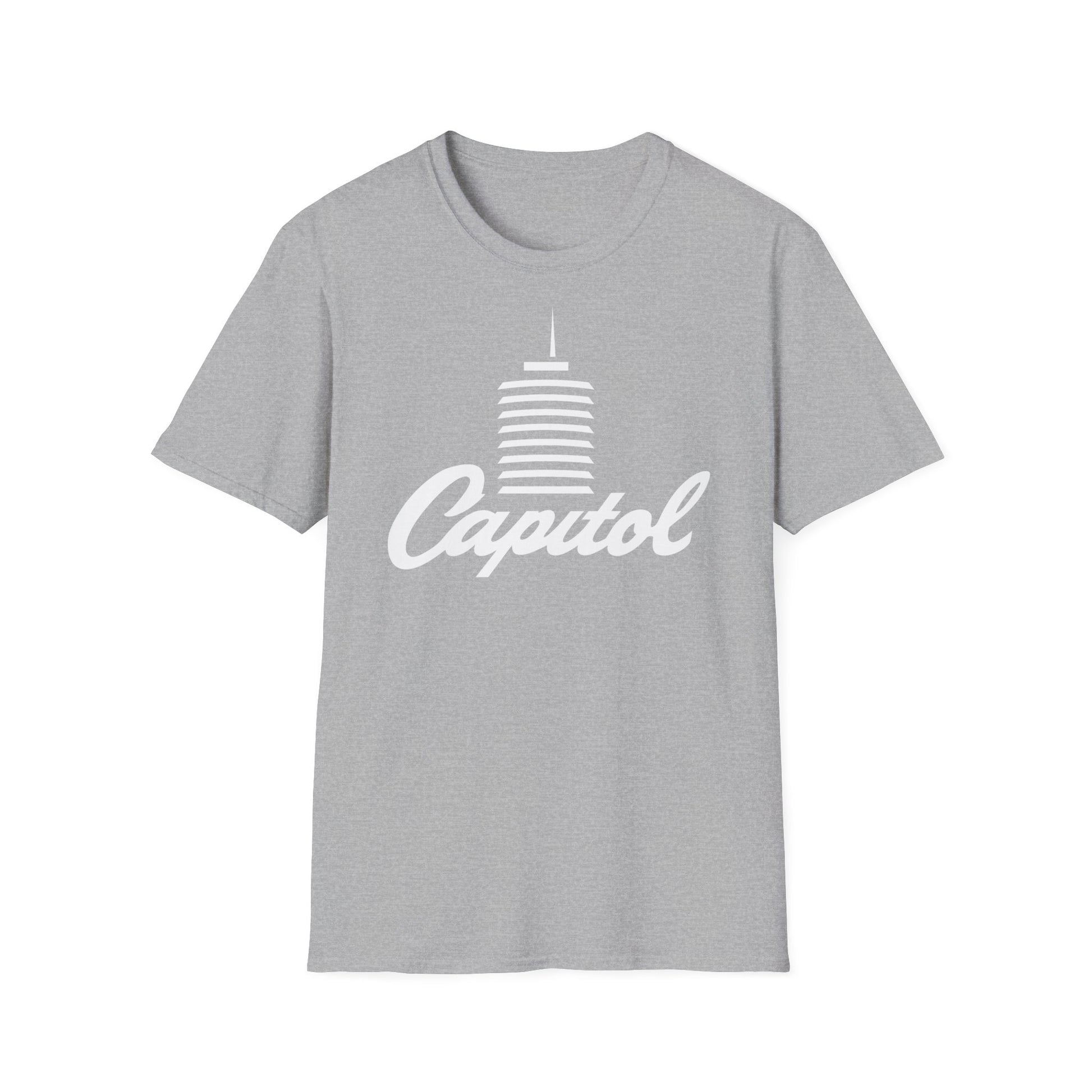 Grey t-shirt with white Capitol logo and stylized building graphic.