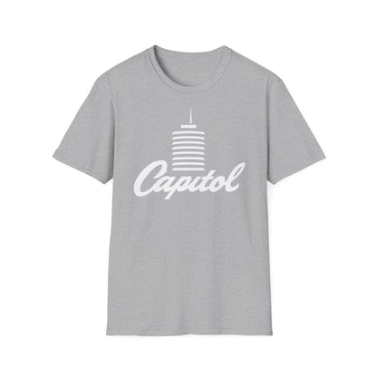 Grey t-shirt with white Capitol logo and stylized building graphic.