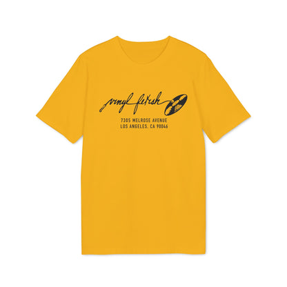 Yellow t-shirt with black "vinyl fetish" text, record, and address.