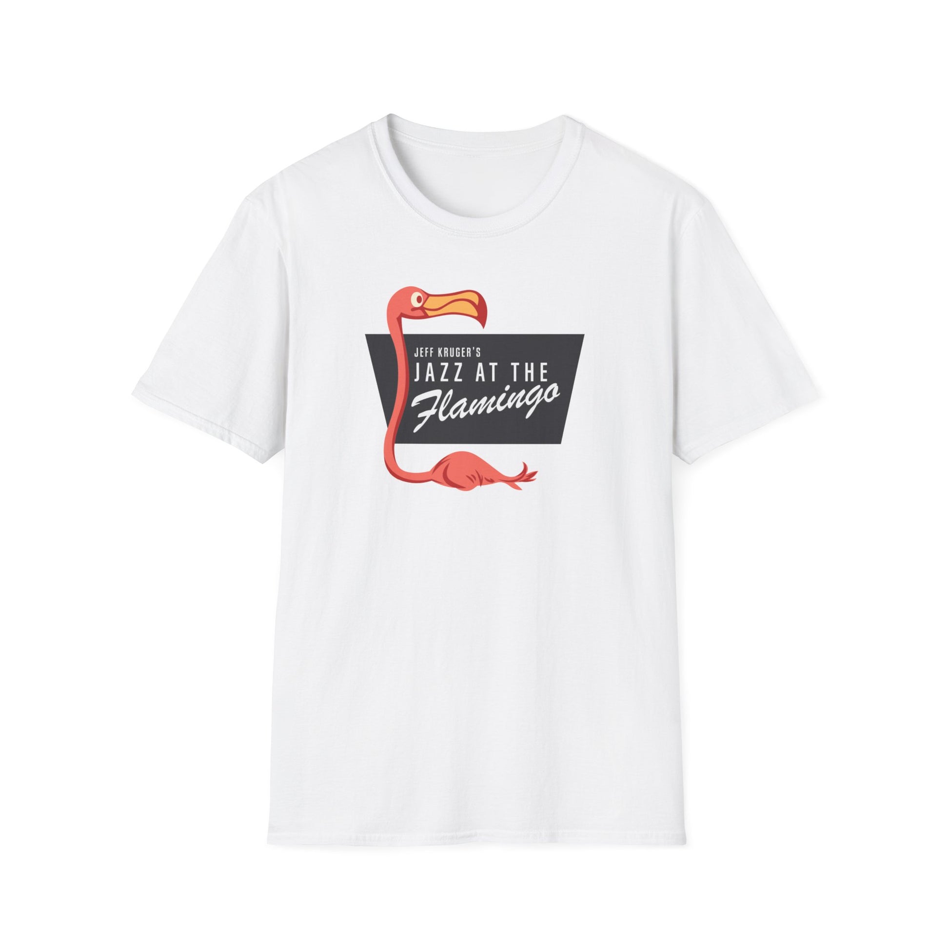 White t-shirt with a pink flamingo and "Jeff Kruger's Jazz at the Flamingo" text.