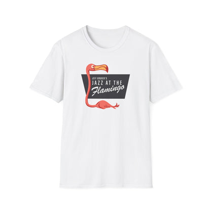 White t-shirt with a pink flamingo and "Jeff Kruger's Jazz at the Flamingo" text.