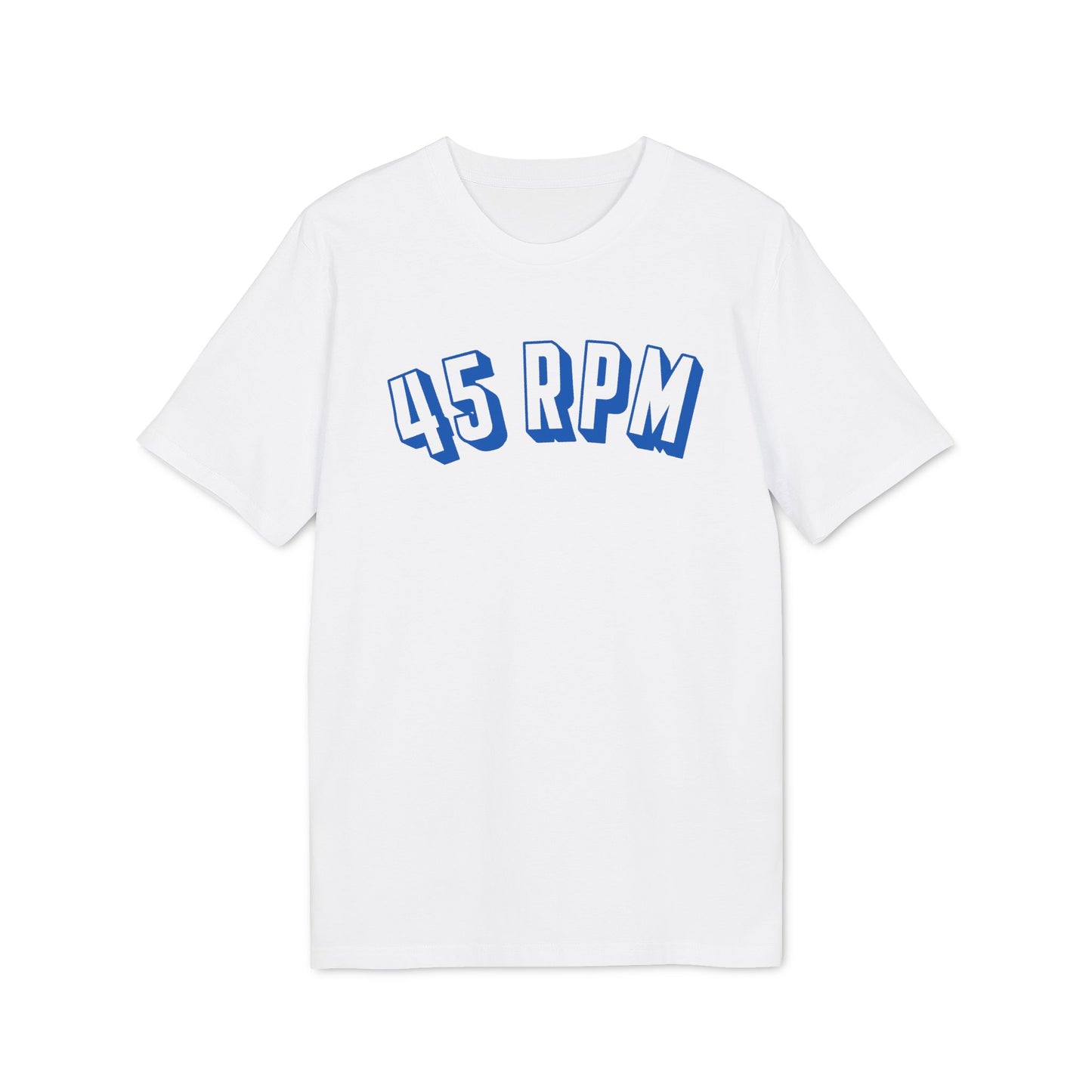 White t-shirt with blue "45 RPM" text graphic