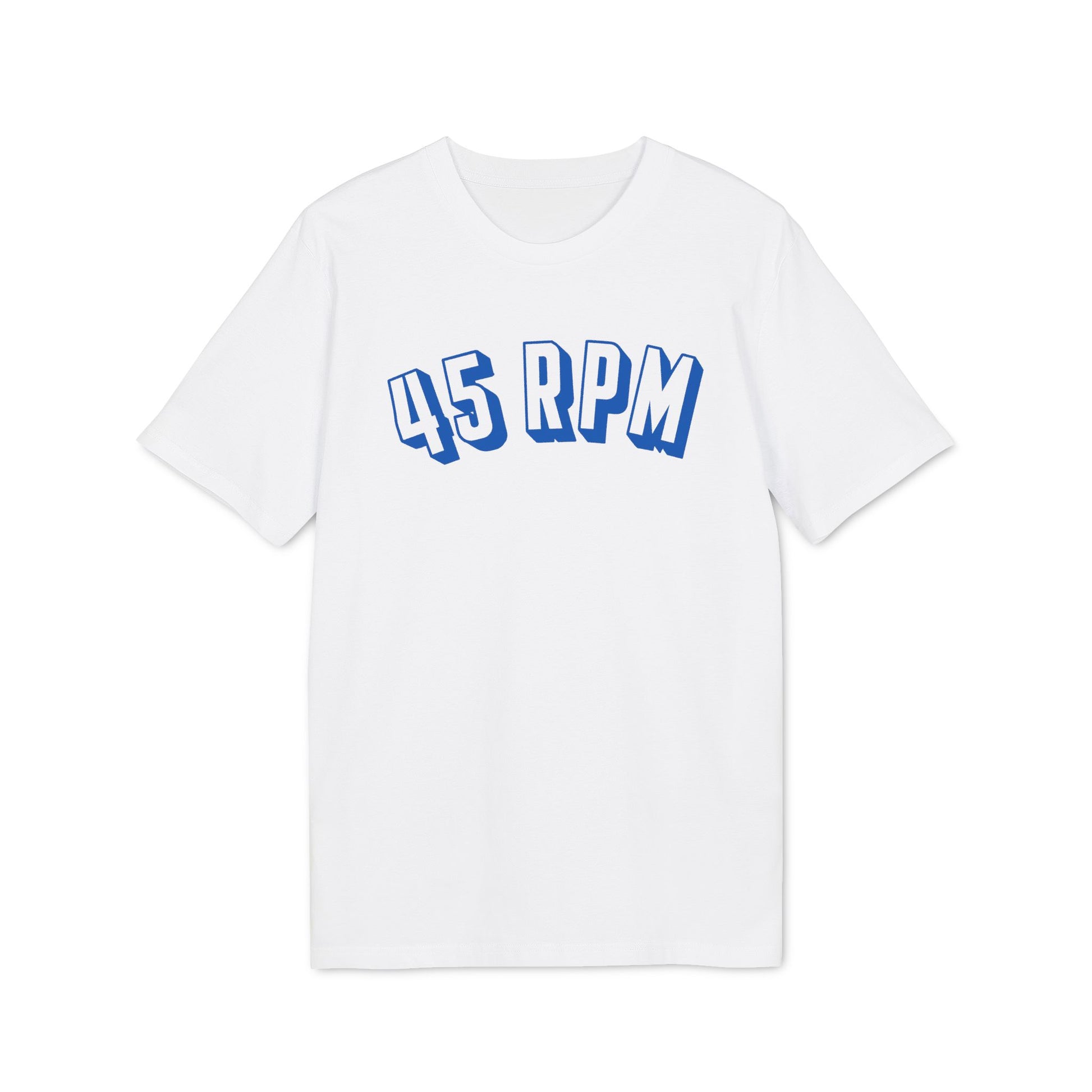 White t-shirt with blue "45 RPM" text graphic