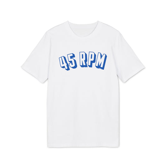 White t-shirt with blue "45 RPM" text graphic