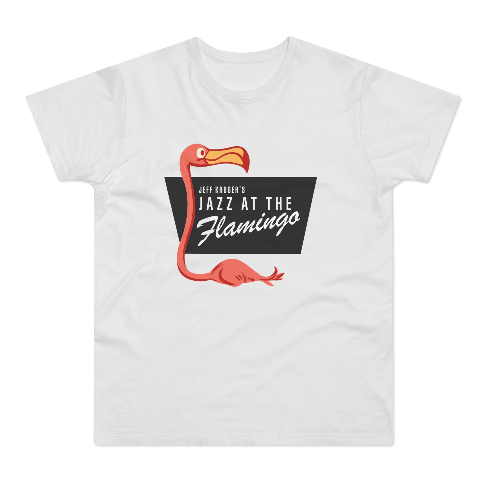 White t-shirt with a graphic of Jeff Kruger's Jazz at the Flamingo logo.