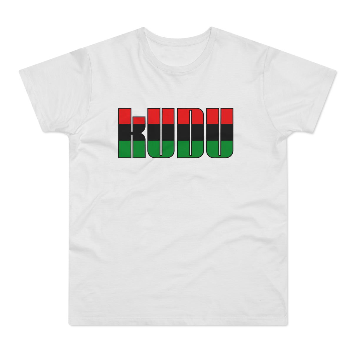 White t-shirt with bold letters spelling "KU DU" in black outline, filled with red, black, and green stripes.