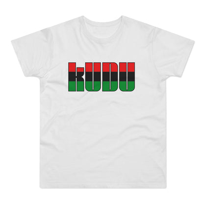 White t-shirt with bold letters spelling "KU DU" in black outline, filled with red, black, and green stripes.