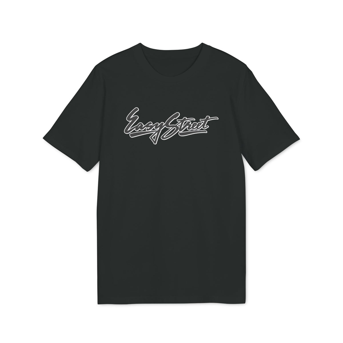 A black short-sleeved t-shirt features white graffiti-style lettering across the chest that reads Easy Street.