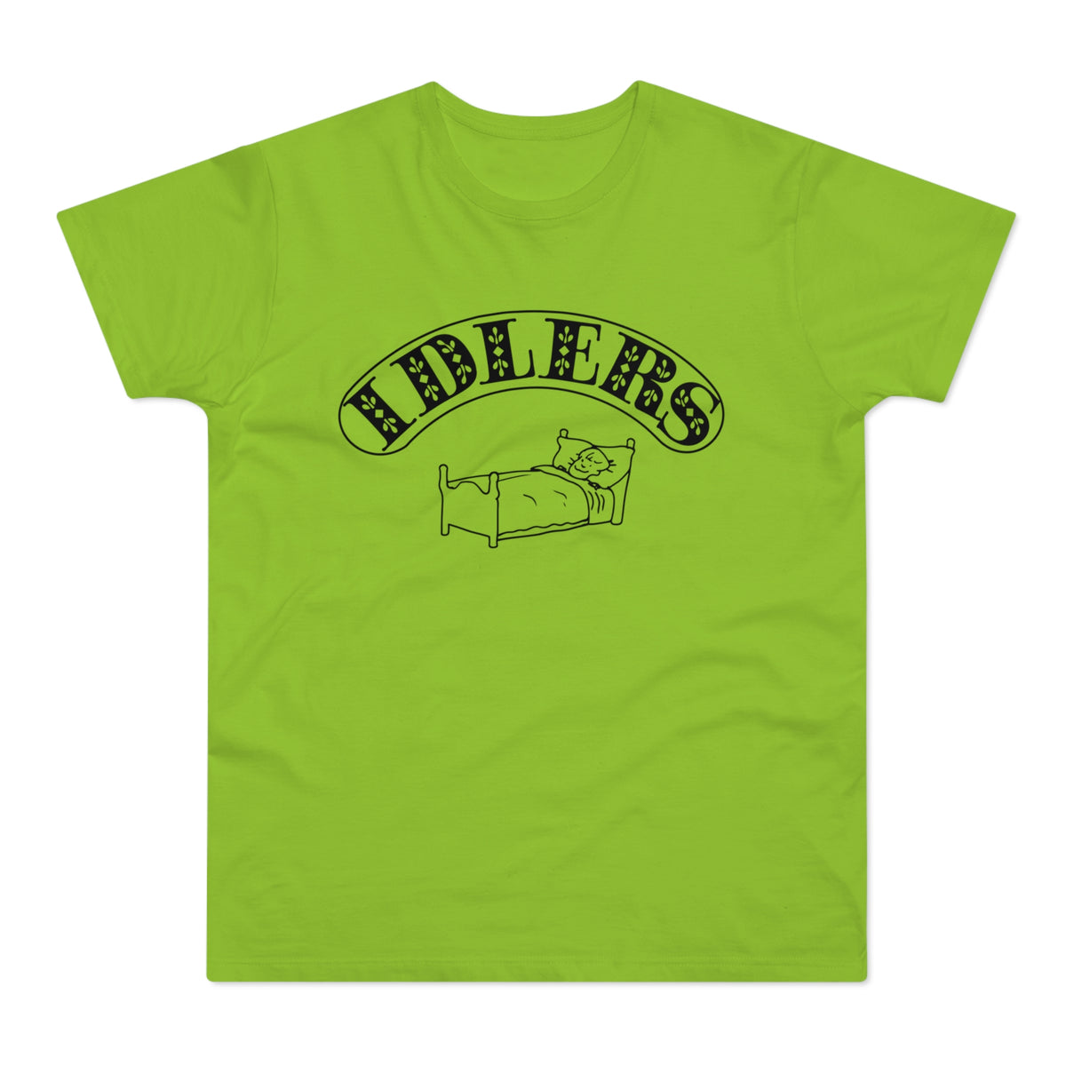 Lime green t-shirt with black "IDLERS" text and a sleeping cat on a bed.