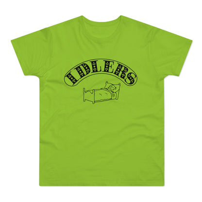 Lime green t-shirt with black "IDLERS" text and a sleeping cat on a bed.