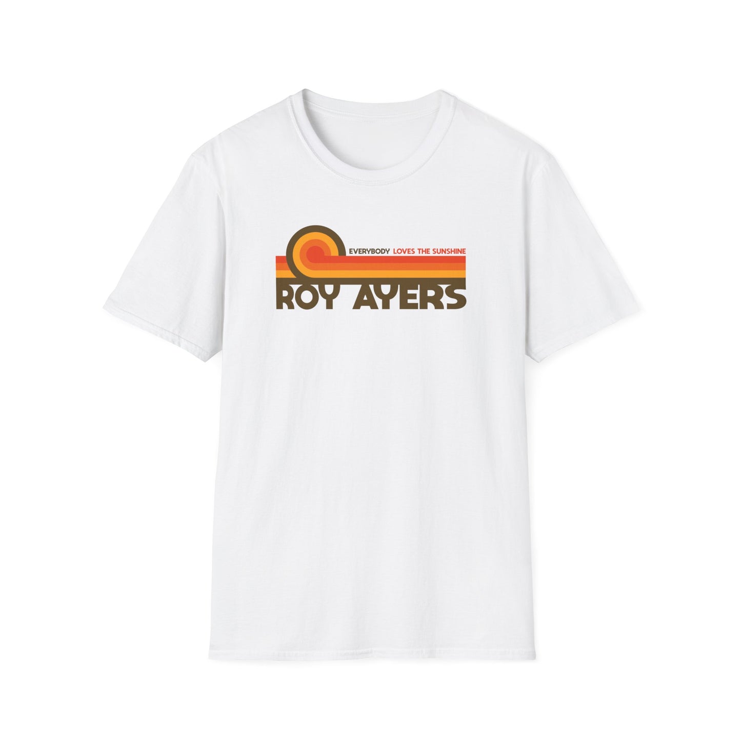 White t-shirt with "ROY AYERS EVERYBODY LOVES THE SUNSHINE" text and a rainbow sun graphic.