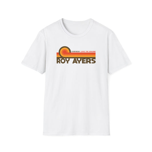 White t-shirt with "ROY AYERS EVERYBODY LOVES THE SUNSHINE" text and a rainbow sun graphic.
