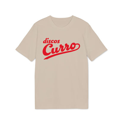 A beige short-sleeved crew neck t-shirt featuring the red text discos Curro across the chest.
