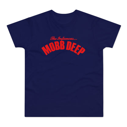 Navy t-shirt with red "The Infamous... MOBB DEEP" text graphic.
