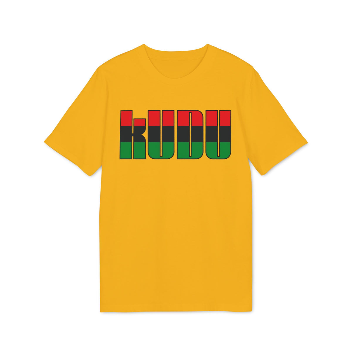 Gold crewneck t-shirt featuring the word KUDU printed in red, black, and green horizontal stripes across the chest.