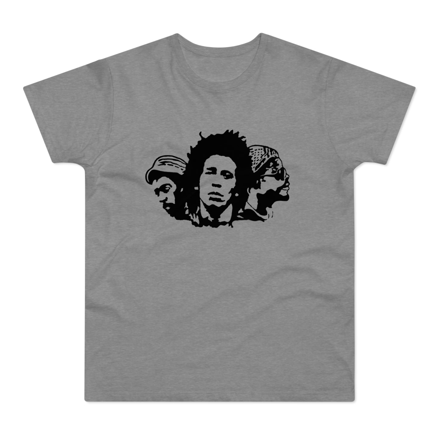 Black graphic of three faces, including Bob Marley, on a grey t-shirt.