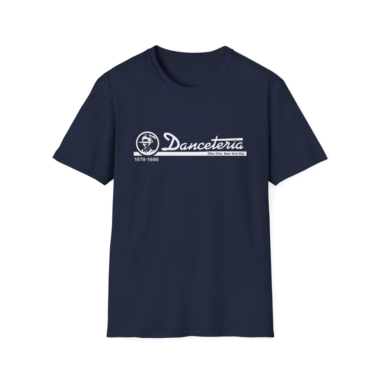 Navy t-shirt with white Danceteria logo and "1979-1986 30w 21st New York City" text.