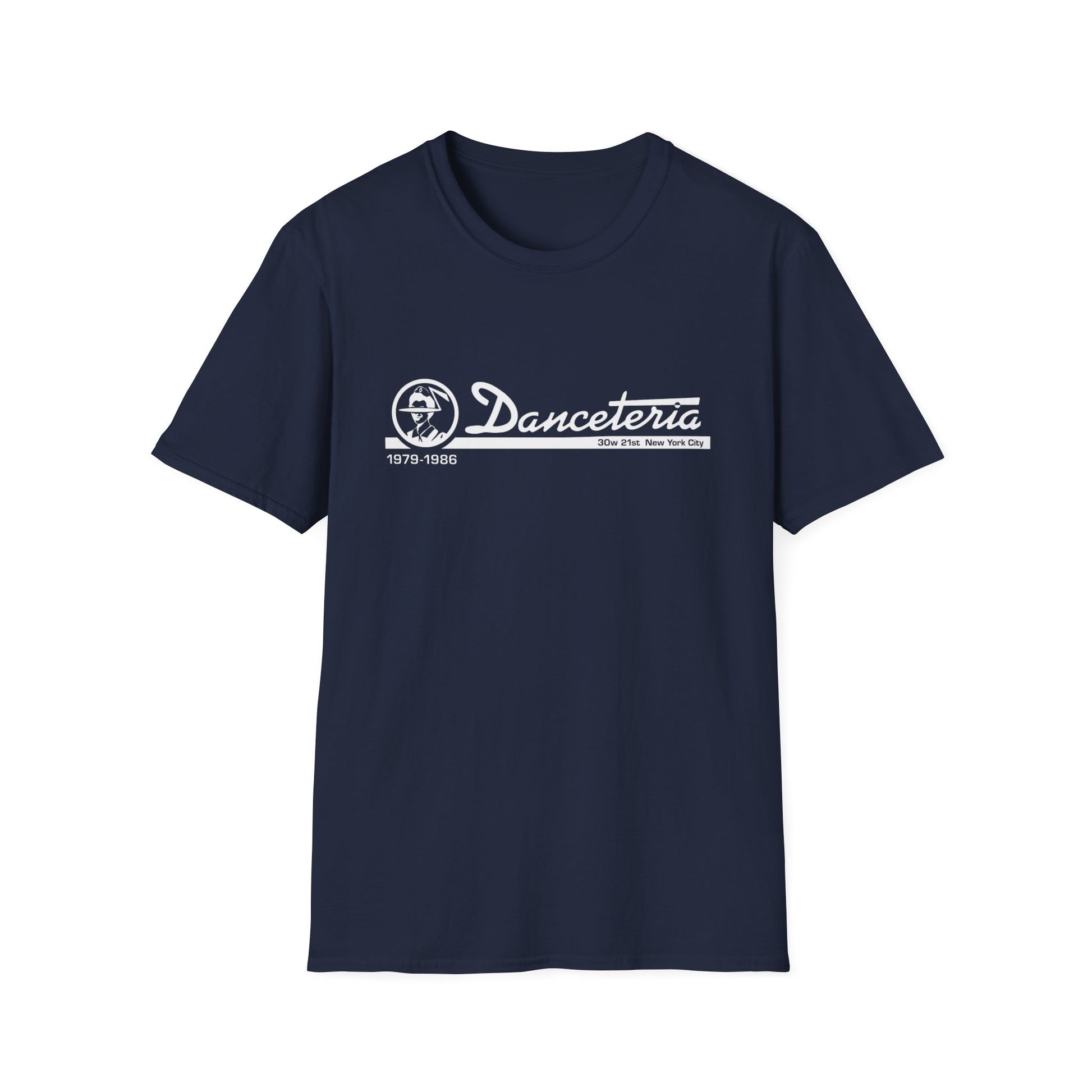 Navy t-shirt with white Danceteria logo and "1979-1986 30w 21st New York City" text.
