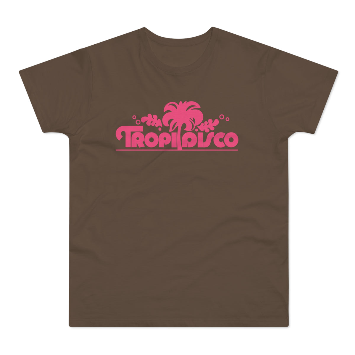 Brown t-shirt with "Tropi Disco" text and palm tree graphic in pink.