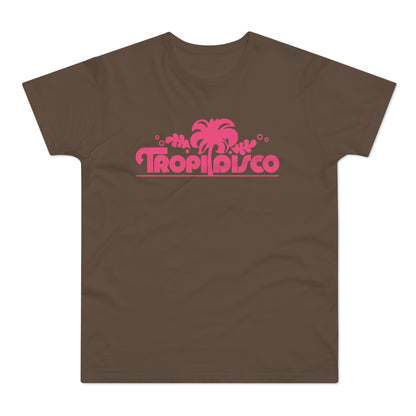 Brown t-shirt with "Tropi Disco" text and palm tree graphic in pink.