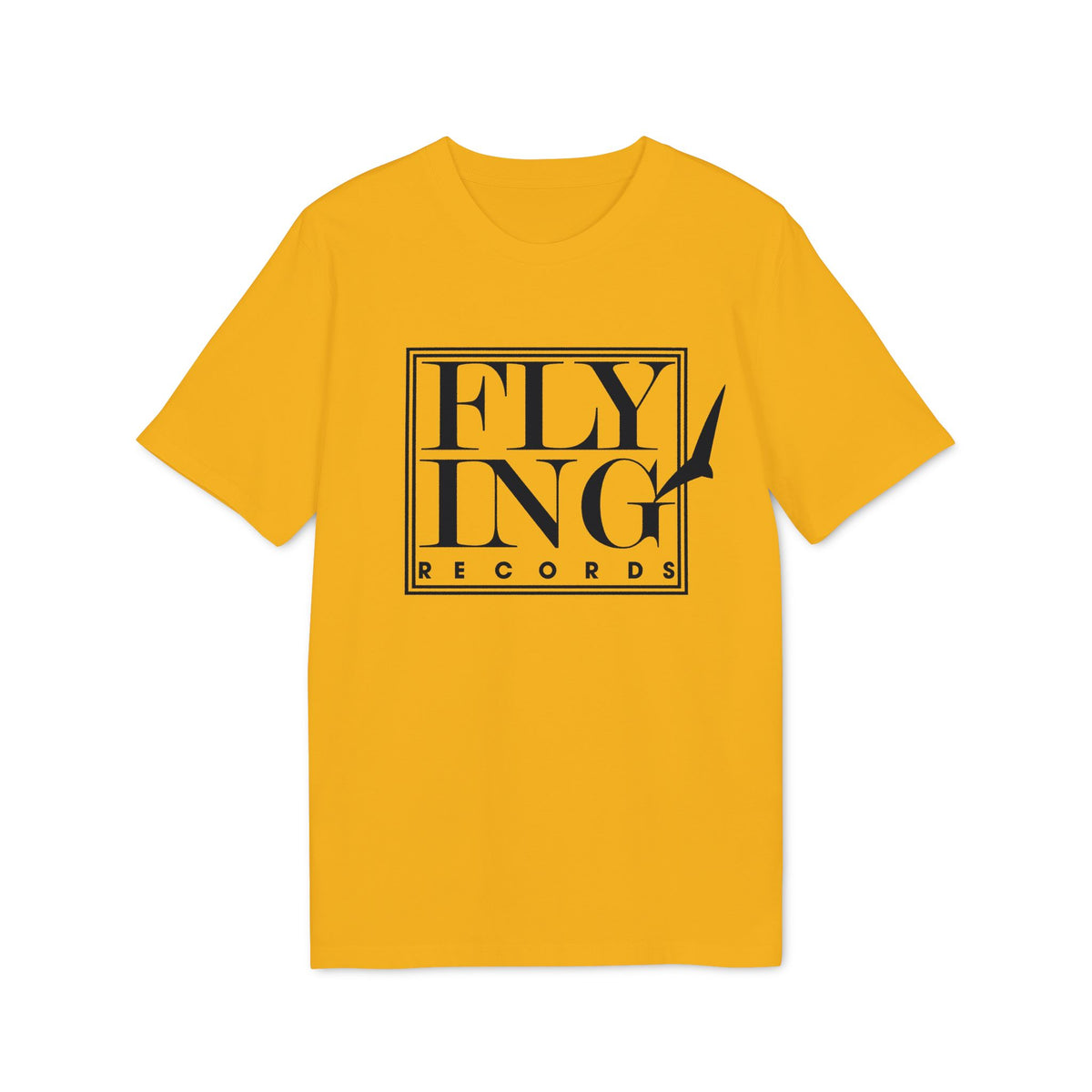 A mustard yellow short-sleeved t-shirt features a black square logo with the text Flying Records in the center.