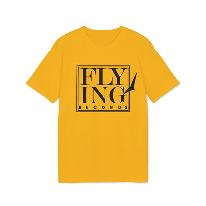 A mustard yellow short-sleeved t-shirt features a black square logo with the text Flying Records in the center.