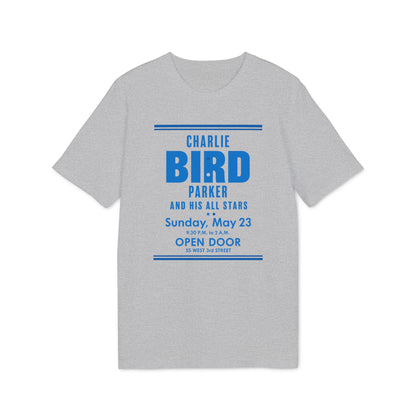 Grey t-shirt with blue text: Charlie Bird Parker and His All Stars, Sunday May 23, Open Door.