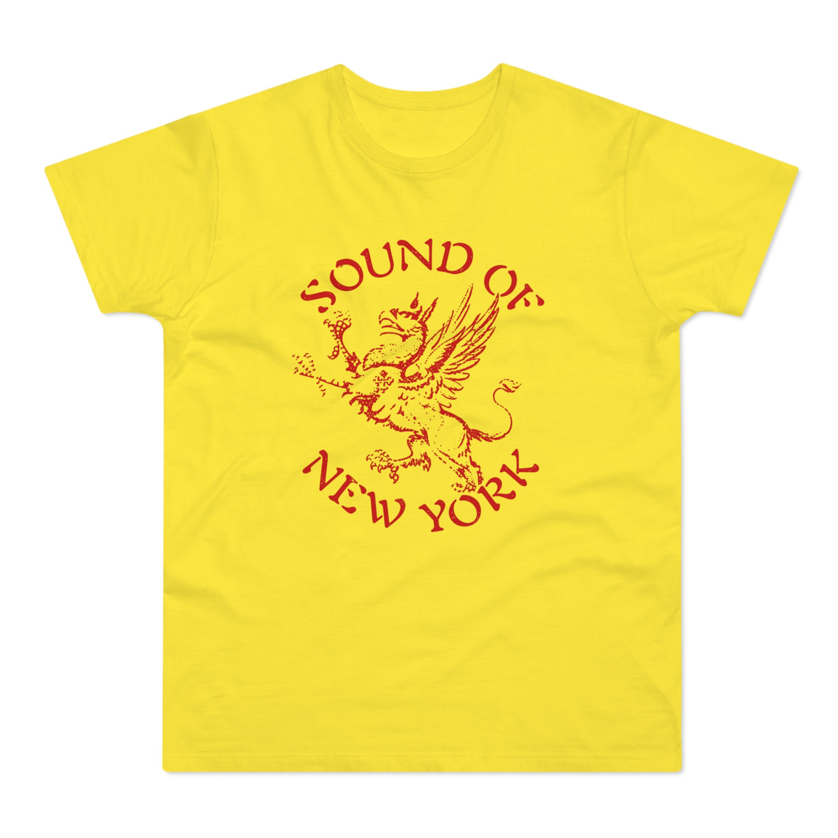 Yellow t-shirt with red text "SOUND OF NEW YORK" and a mythical creature graphic.