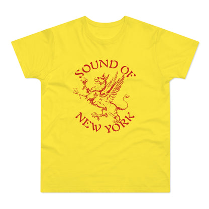 Yellow t-shirt with red text "SOUND OF NEW YORK" and a mythical creature graphic.