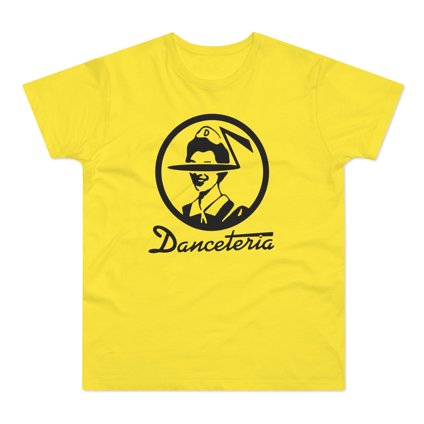Yellow t-shirt with black "Danceteria" logo featuring a person in a hat.