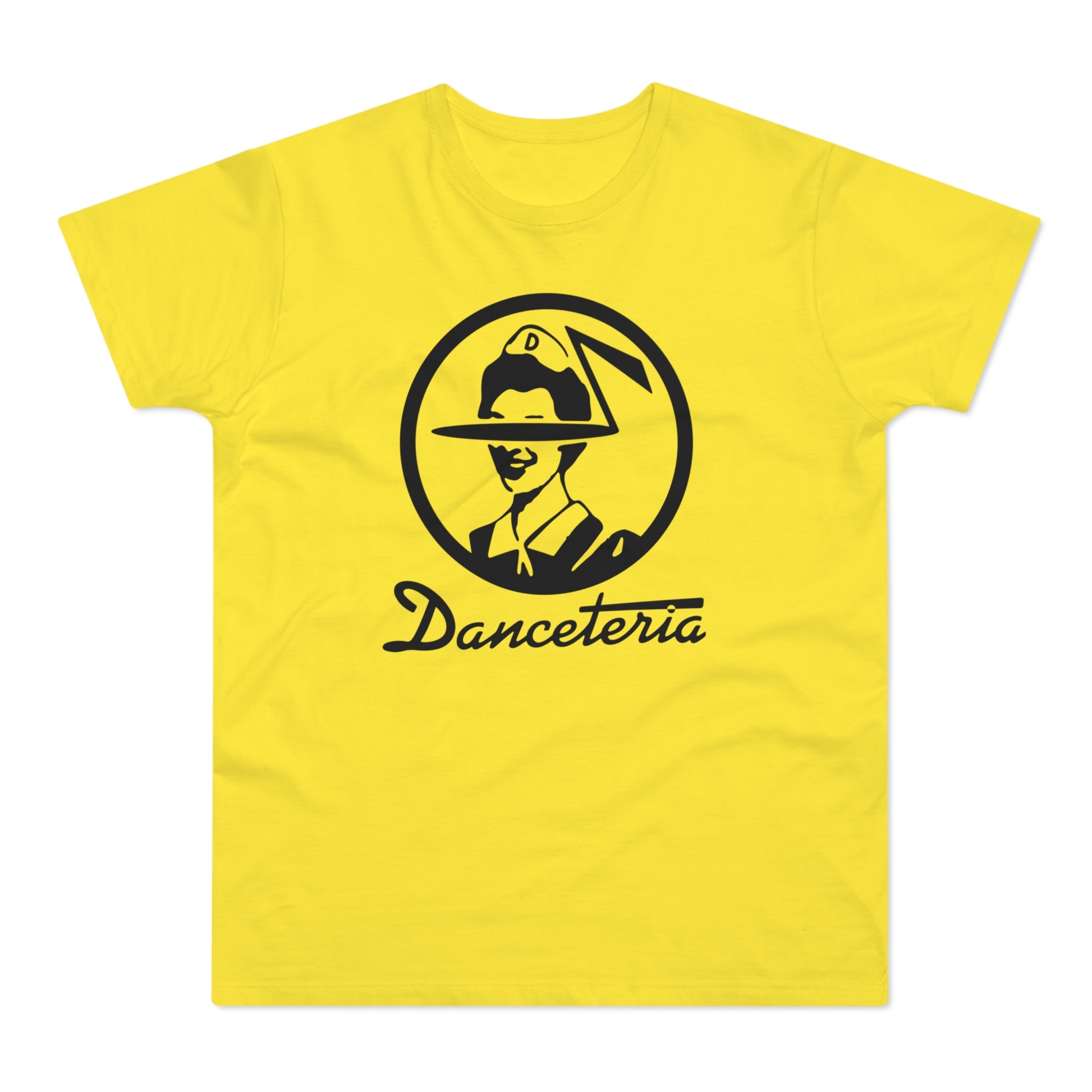 Yellow t-shirt with black "Danceteria" logo featuring a person in a hat.