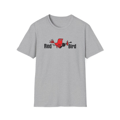 Grey t-shirt with a red cartoon bird and "Red Bird" text logo.