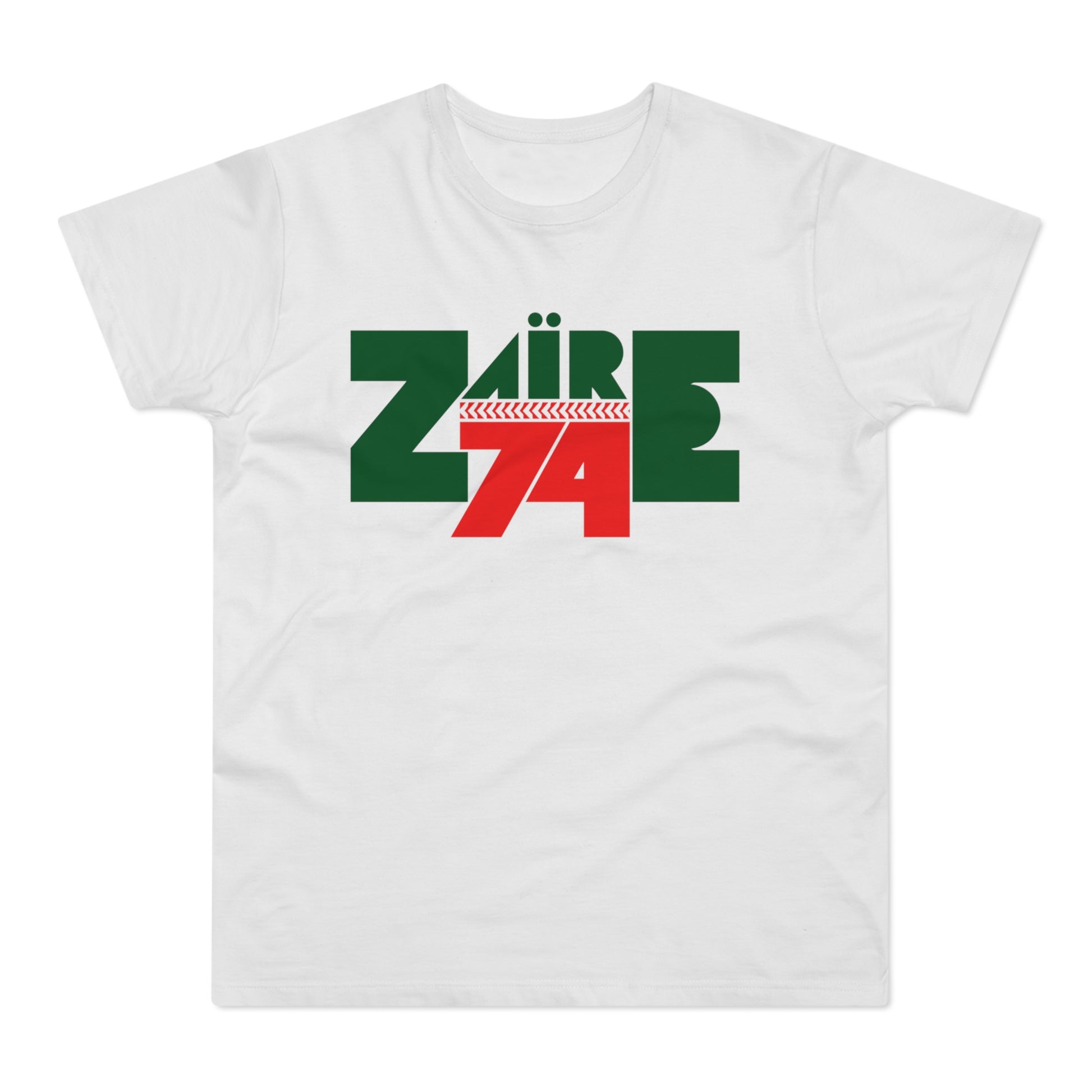 White t-shirt with green text ZAIRE and red text 74 on front.